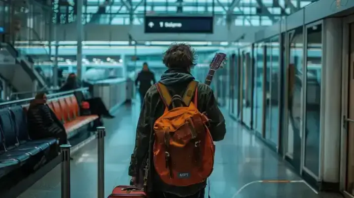 Passenger with musical instrument at EasyJet boarding gate, demonstrating airline's policy for special items