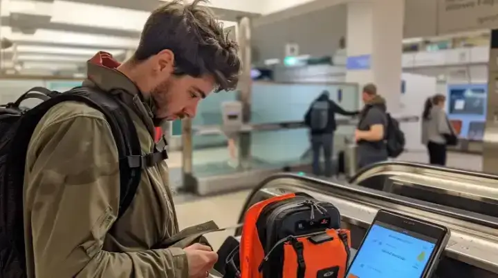 EasyJet passenger checking carry-on bag dimensions using airline sizer, demonstrating size restrictions for cabin luggage