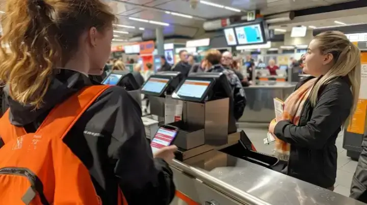 EasyJet employee weighing passenger's checked luggage at airport counter, showing baggage weight limit enforcement