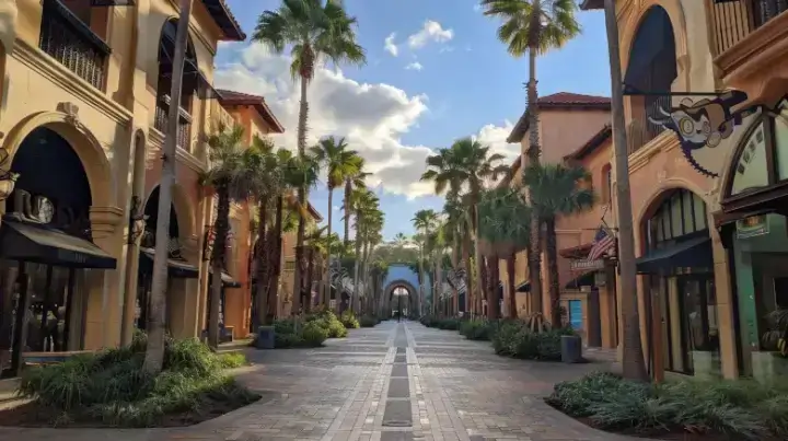 Mediterranean-style buildings and palm-lined walkways at Mizner Park, Boca Raton, highlighting upscale shopping and dining