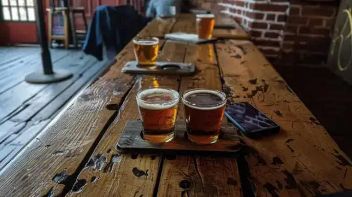 Craft beer flight sampler at Barrel of Monks Brewery in Boca Raton, showcasing local brewing culture