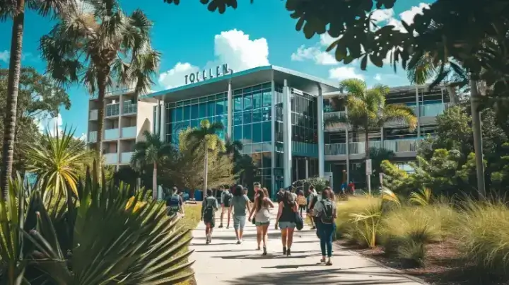 Students walking near contemporary architecture at Florida Atlantic University campus in Boca Raton