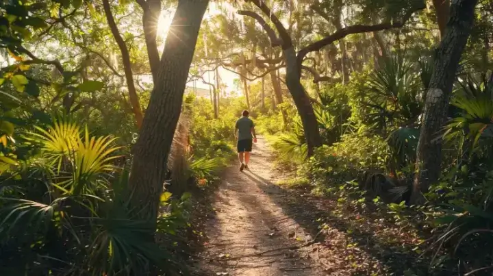 Hiker on a serene trail at Boca Raton Nature Reserve, highlighting local outdoor recreational opportunities