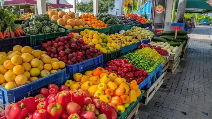 Vibrant fruit and vegetable displays at Boca Raton Green Market, highlighting local produce and community gathering