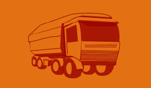 Solid dark orange HGV lorry / truck outline on a bright orange background to represent Aggregates and Cement department.