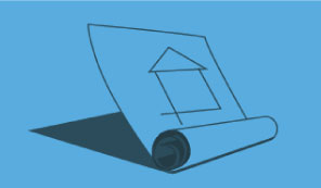 Solid dark grey outline of house paper plans on a medium blue background to represent Timber Products department