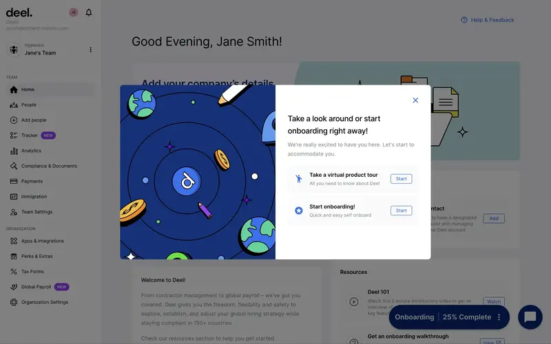 Deel's modal to start product tour or onboarding sequence