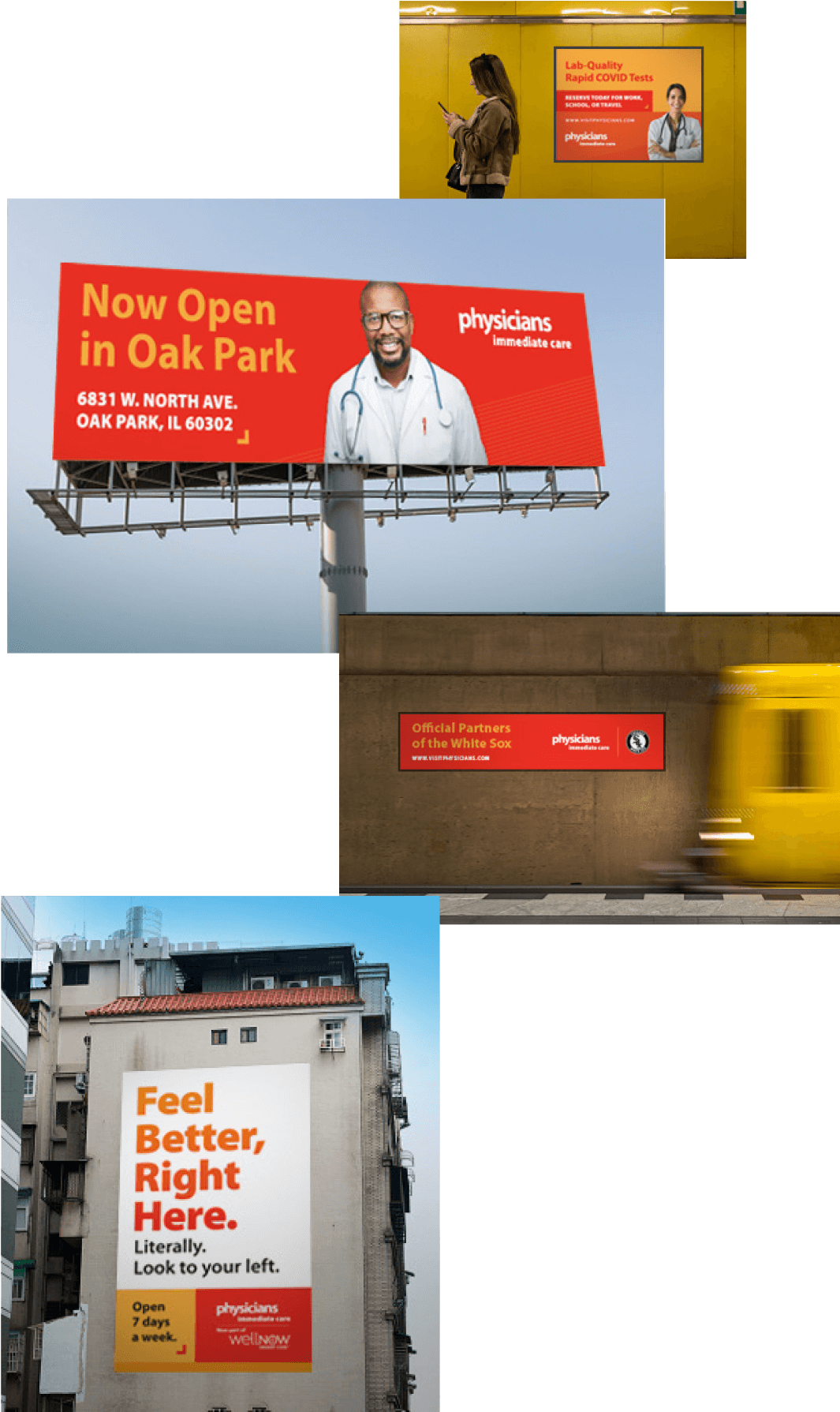 Out-of-home advertisements for Physicians Immediate Care and WellNow Urgent Care in various settings: a stairwell, a billboard, a subway wall, and on the side of a building. 