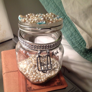 pearled quote jar with silver ring holder inside... engagement gift ...