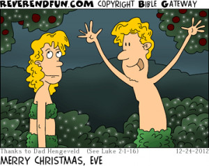 ... : Adam talking to Eve in the garden CAPTION: MERRY CHRISTMAS, EVE