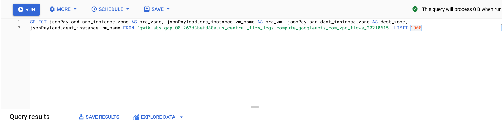 Query results displayed in the BigQuery Editor, along with the options: Save, More, and Schedule.