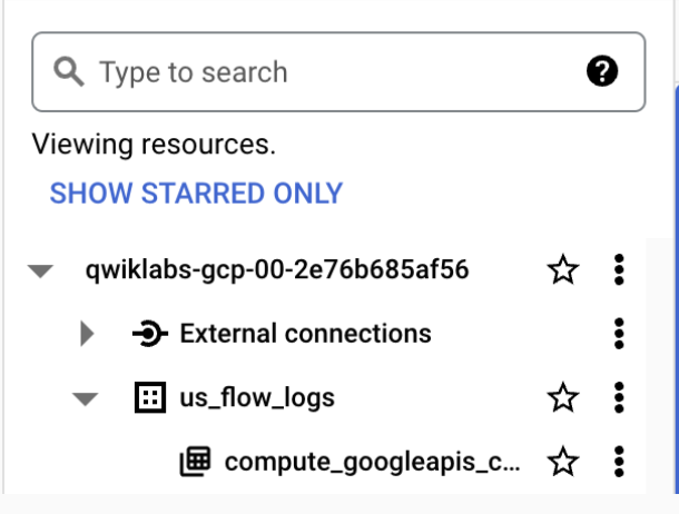 The Explorer pane, which includes the search box, the pinned projects, and table under the us_central_flow_logs dataset.