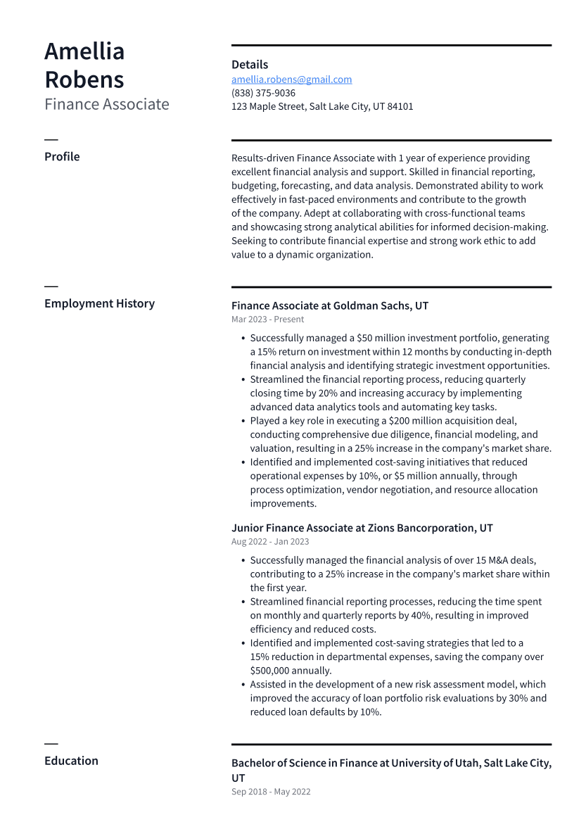 Finance Associate Resume Example