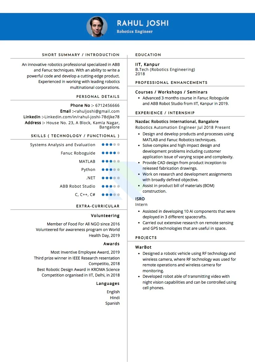 Sample Resume of Robotics Engineer | Free Resume Templates & Samples on Resumod.co