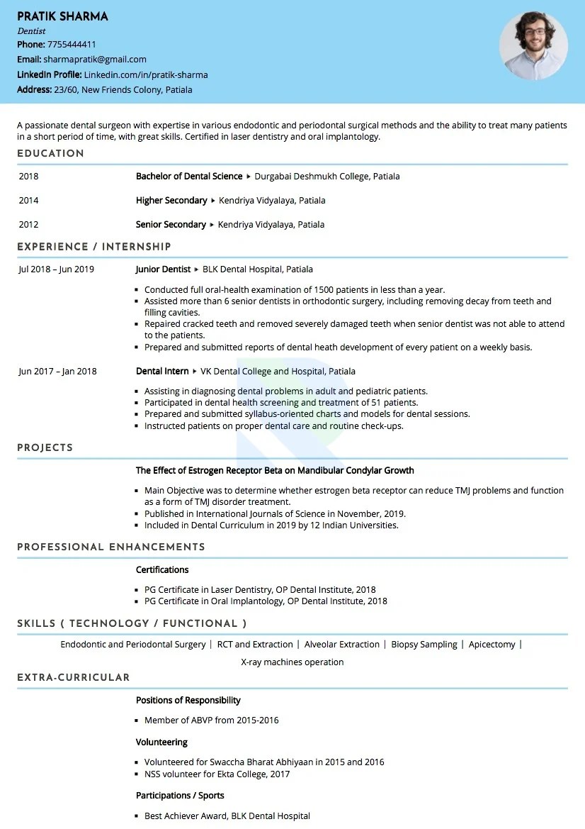 Sample Resume of Dentist | Free Resume Templates & Samples on Resumod.co