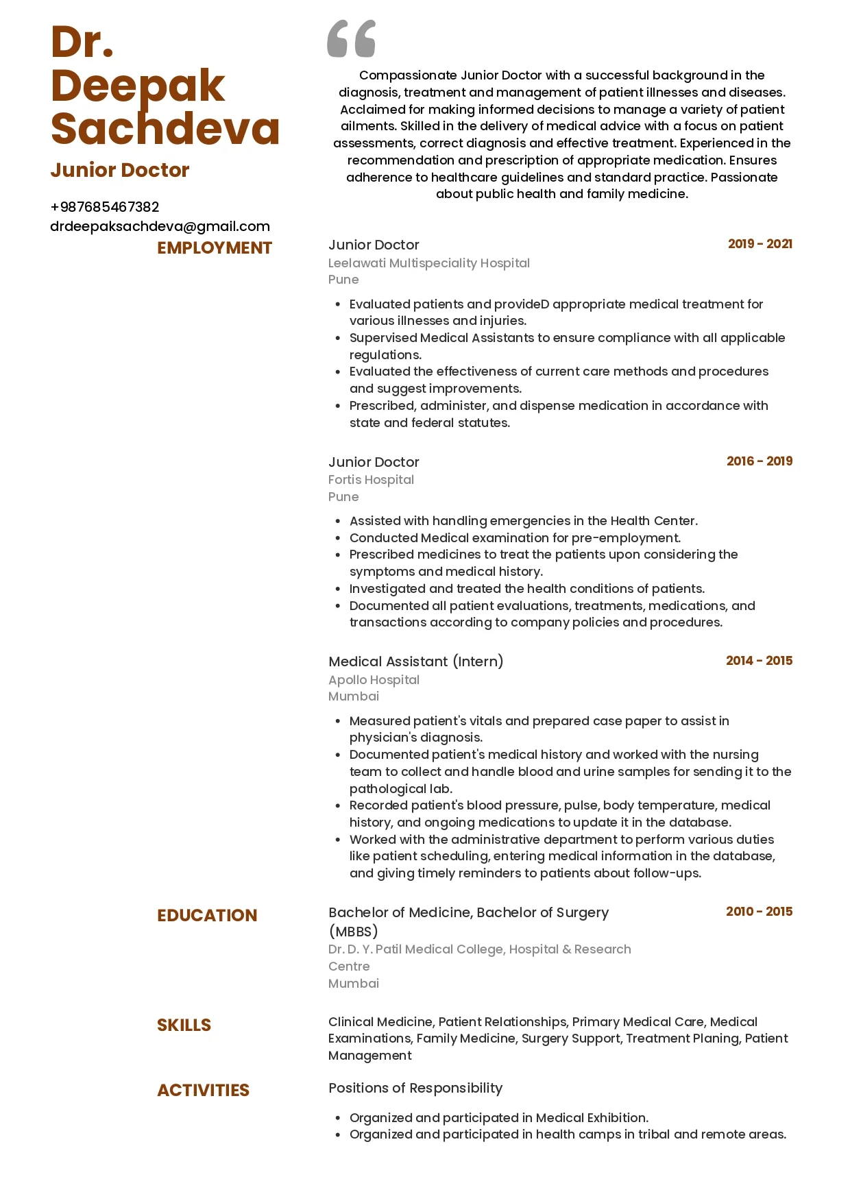 Sample Resume of Junior Doctor | Free Resume Templates & Samples on Resumod.co