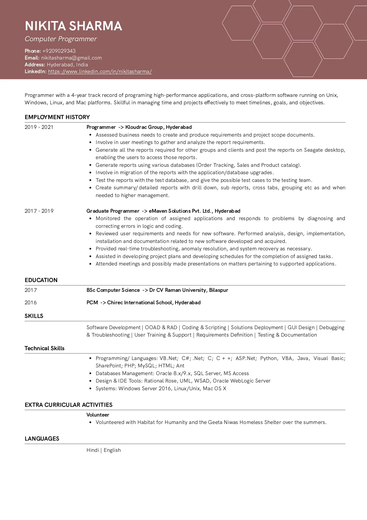 Sample Resume of Computer Programmer | Free Resume Templates & Samples on Resumod.co