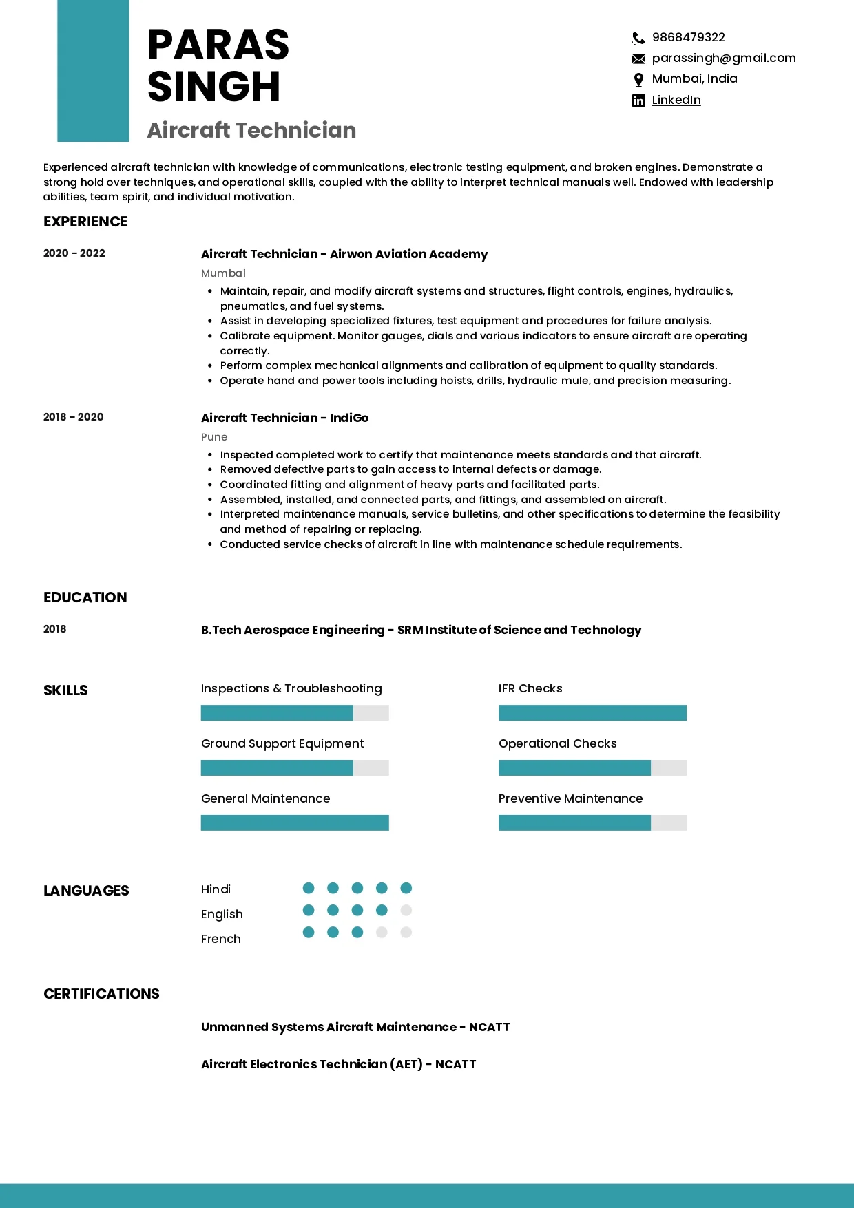 Sample Resume of Aircraft Technician | Free Resume Templates & Samples on Resumod.co