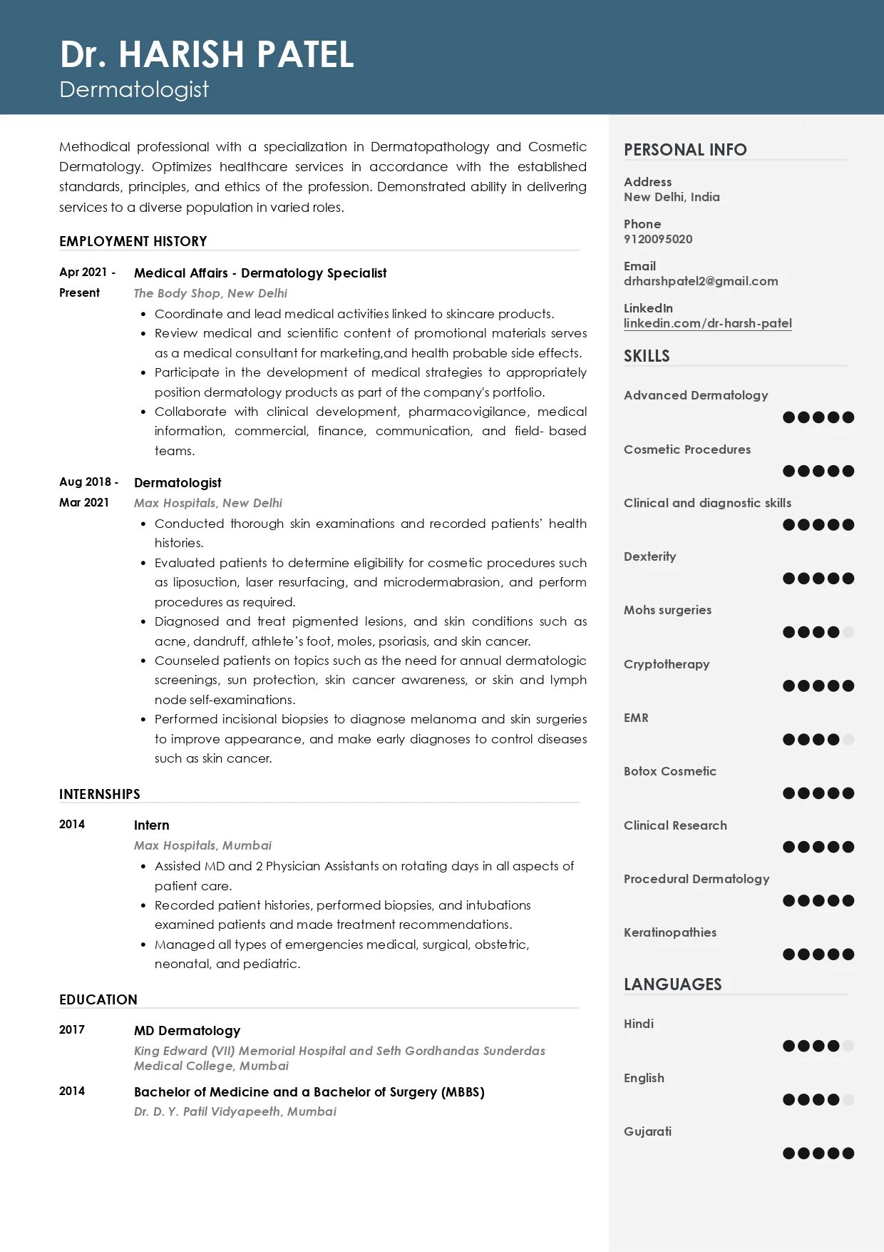 Sample Resume  of Dermatologist | Free Resume Templates & Samples on Resumod.co