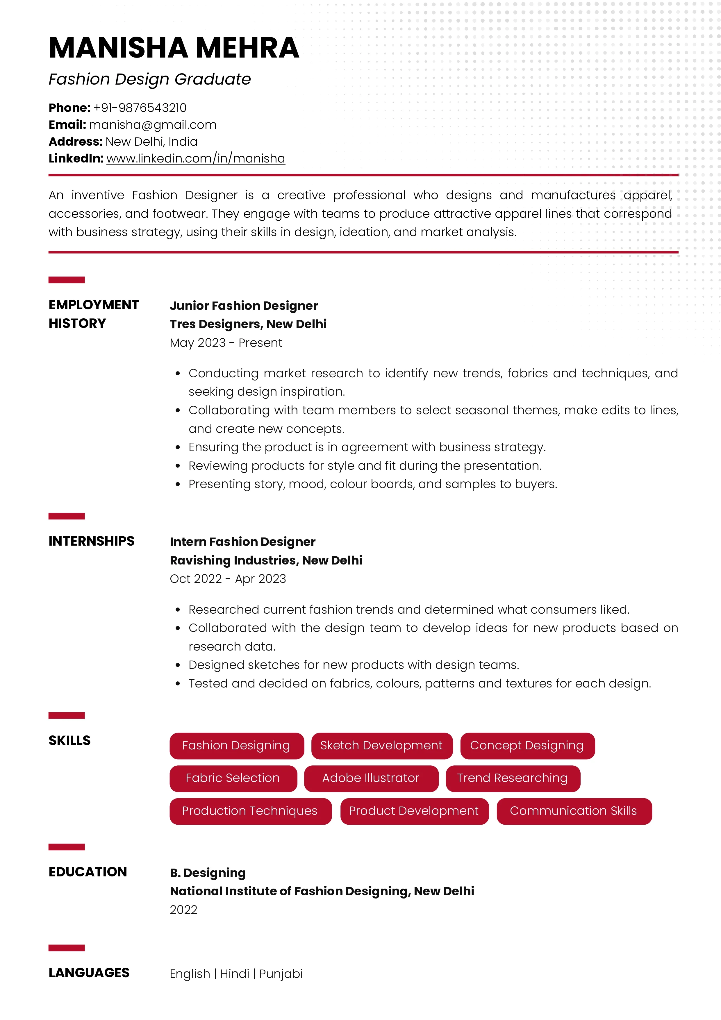 Sample Resume of Fashion Design Graduate | Free Resume Templates & Samples on Resumod.co