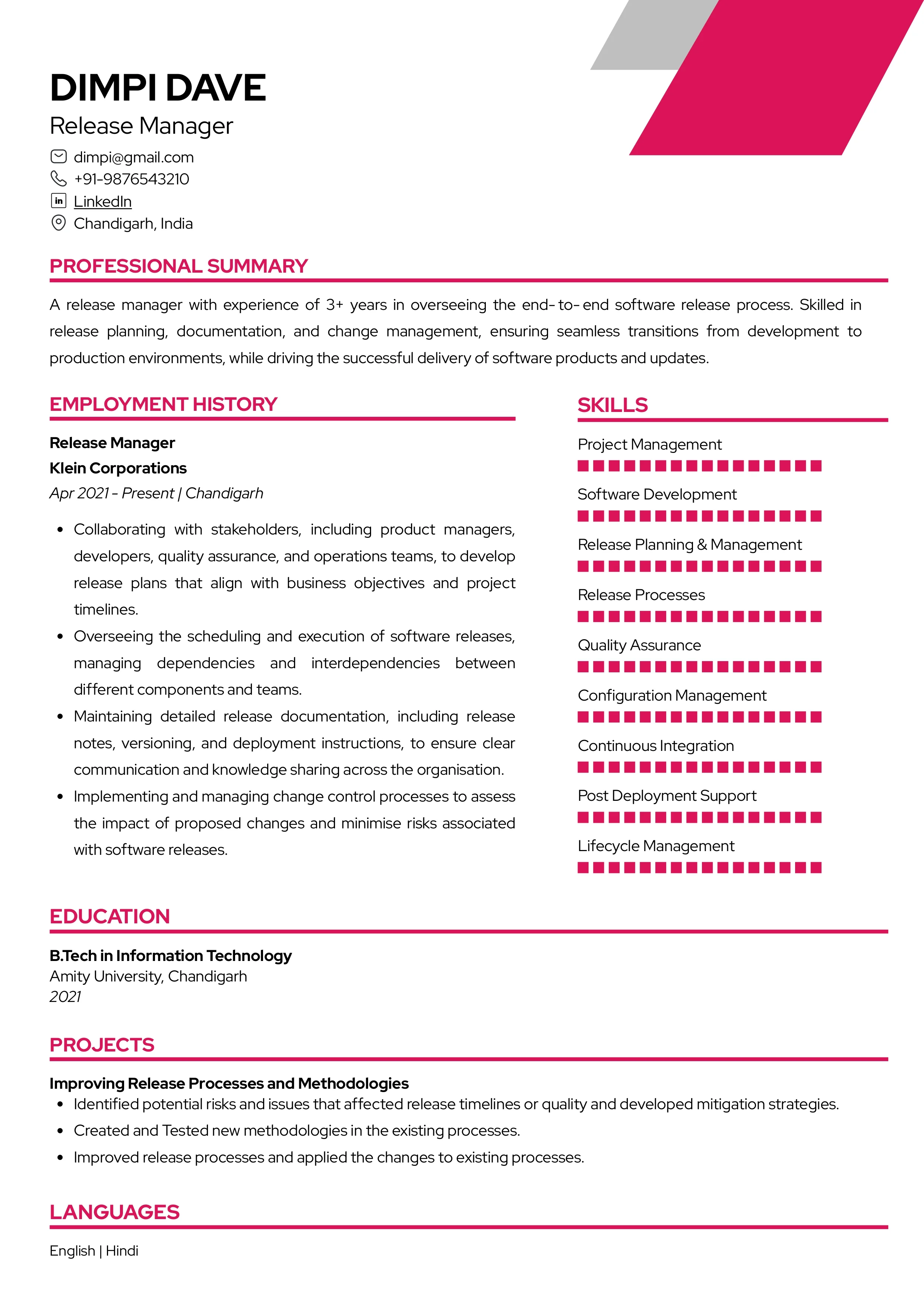 Sample Resume of Release Manager | Free Resume Templates & Samples on Resumod.co