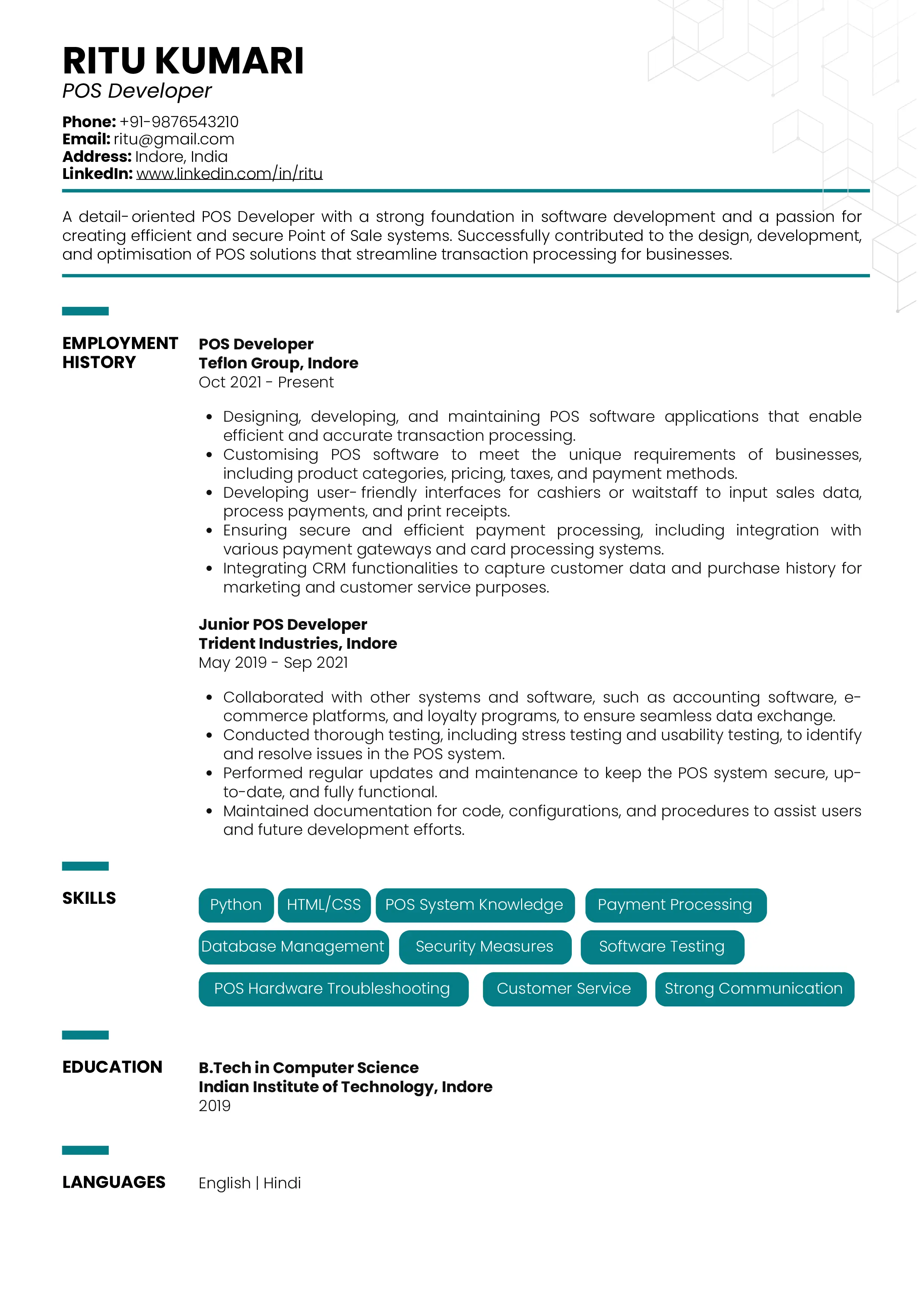 Sample Resume of POS Developer | Free Resume Templates & Samples on Resumod.co