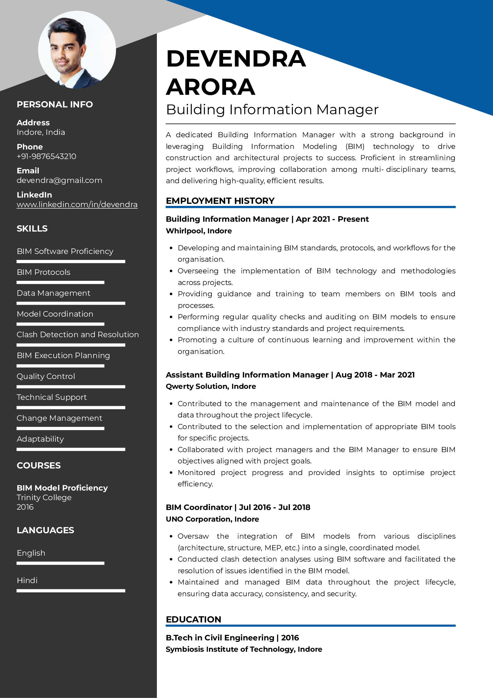 Sample Resume of Building Information Manager | Free Resume Templates & Samples on Resumod.co