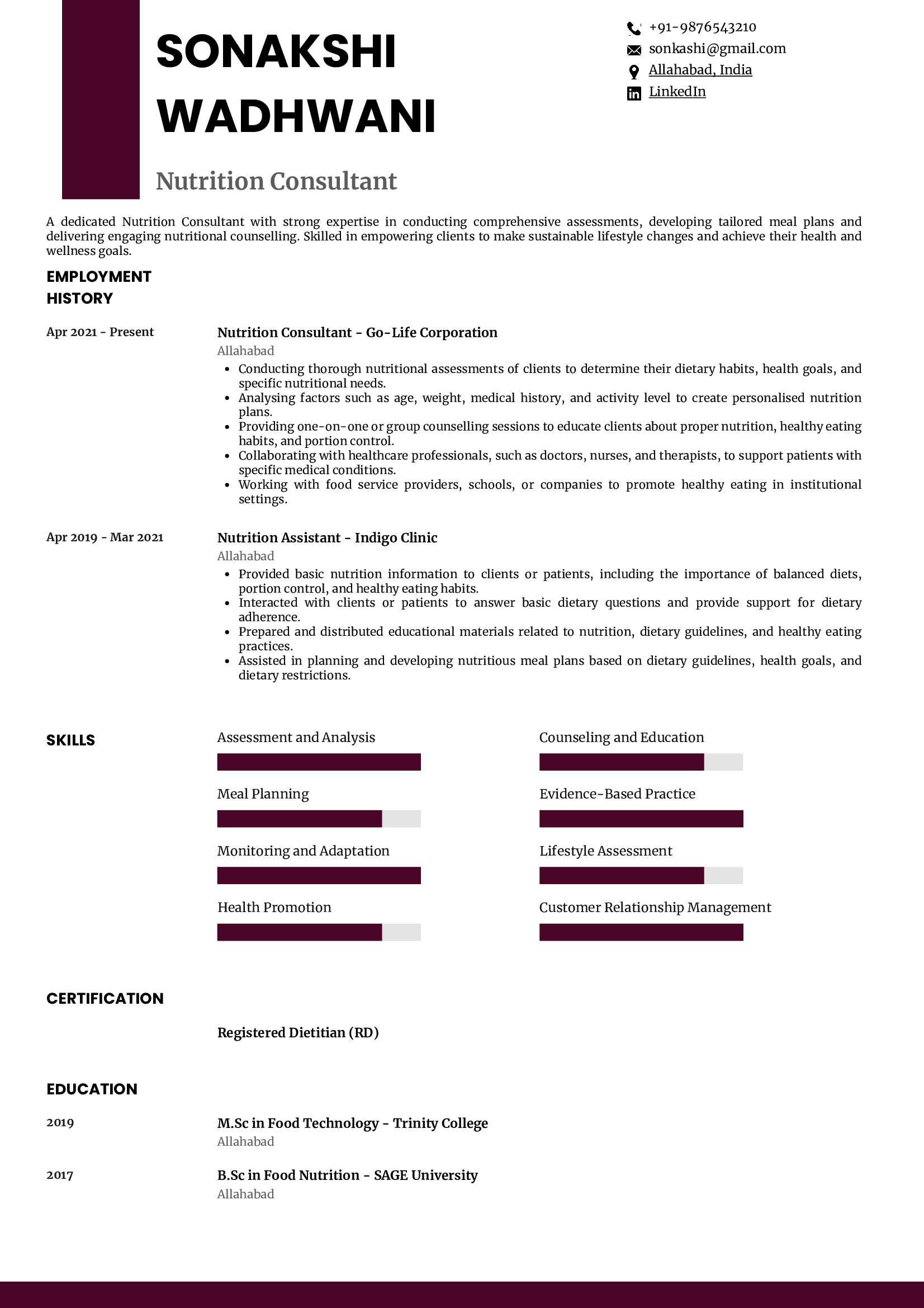 Sample Resume of Nutrition Consultant | Free Resume Templates & Samples on Resumod.co