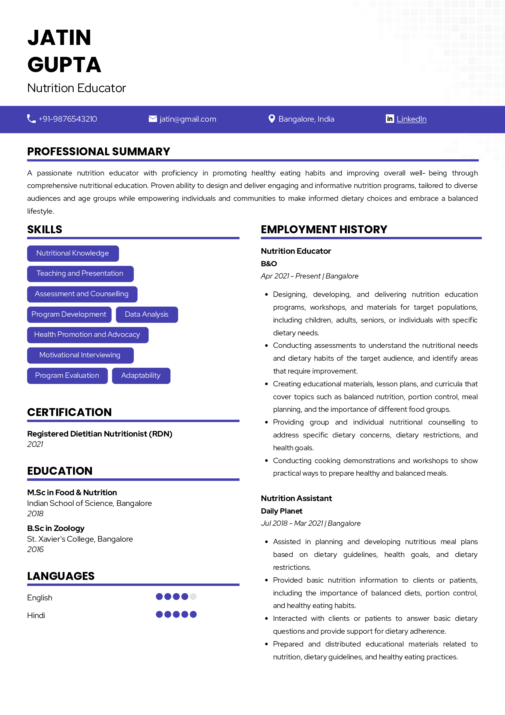 Sample Resume of Nutrition Educator | Free Resume Templates & Samples on Resumod.co