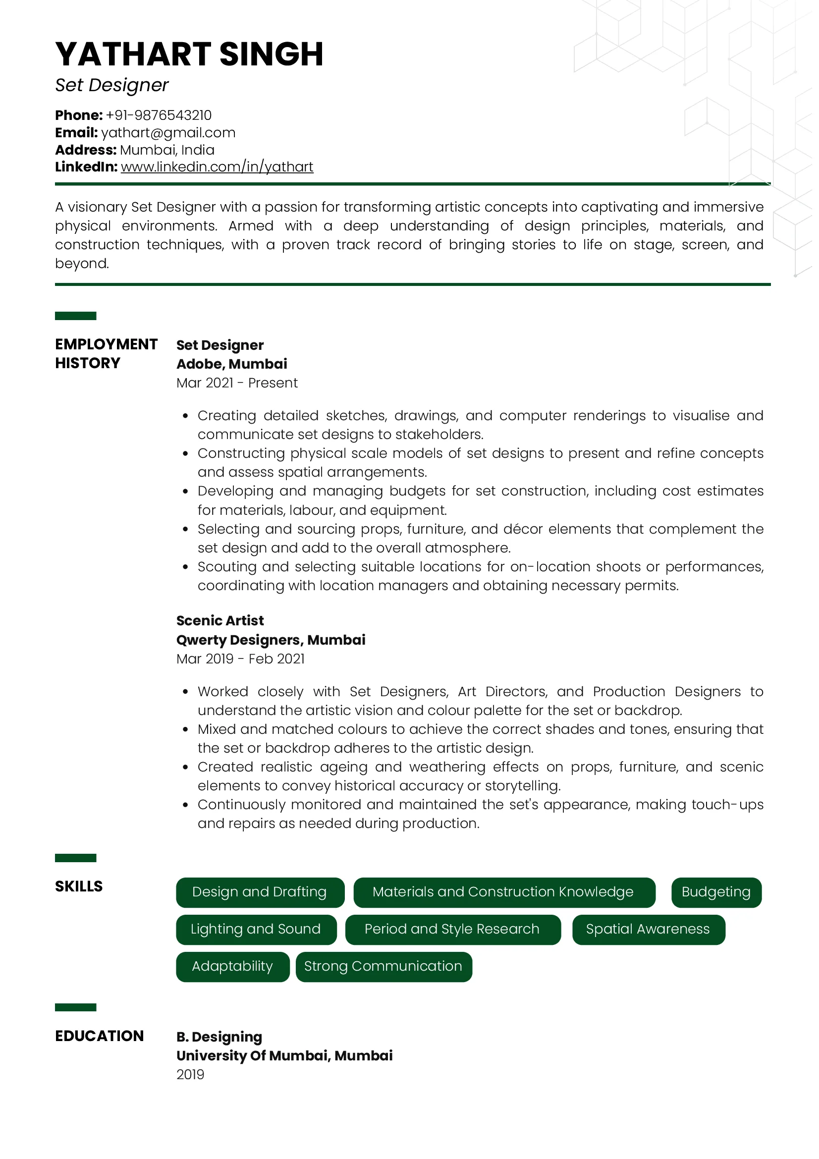 Sample Resume of Set Designer | Free Resume Templates & Samples on Resumod.co