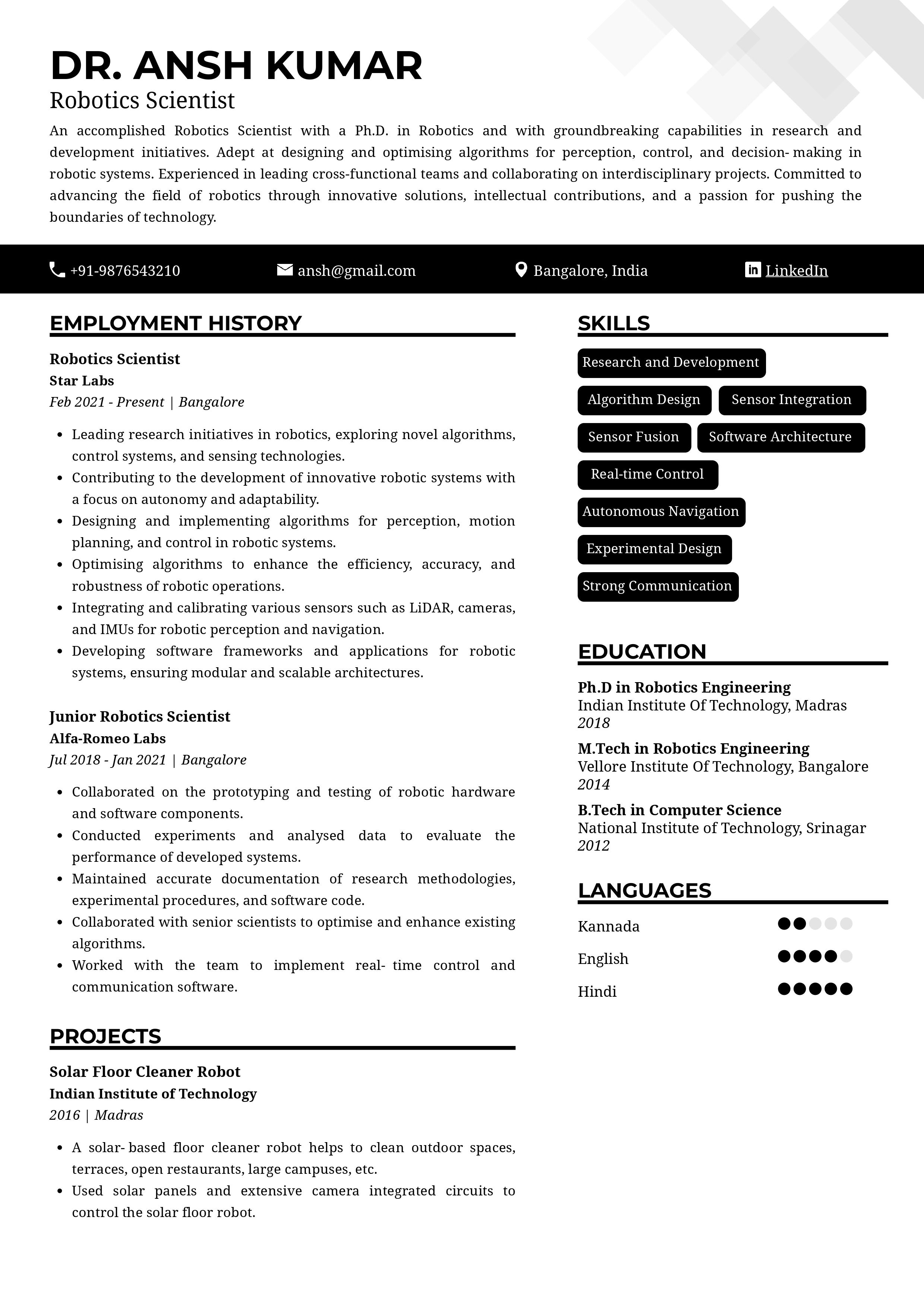 Sample Resume of Robotics Scientist | Free Resume Templates & Samples on Resumod.co