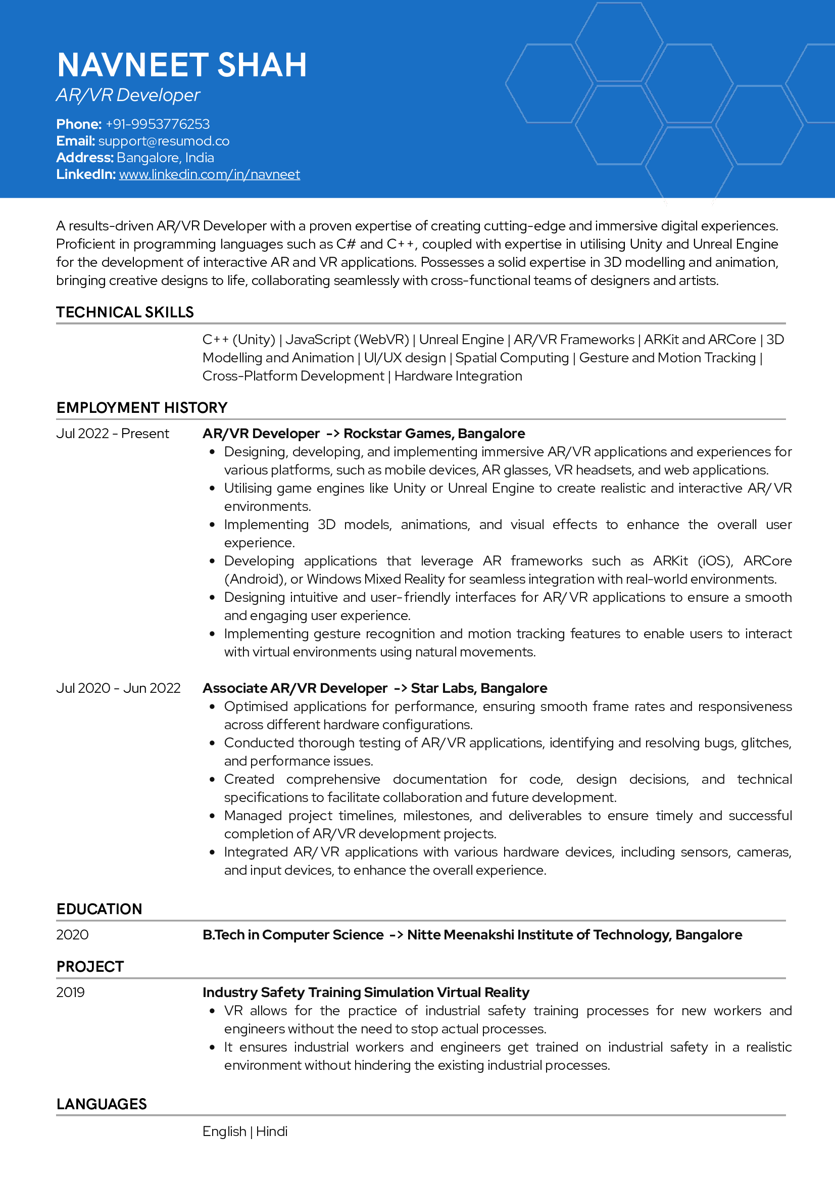 Sample Resume of AR/VR Developer | Free Resume Templates & Samples on Resumod.co