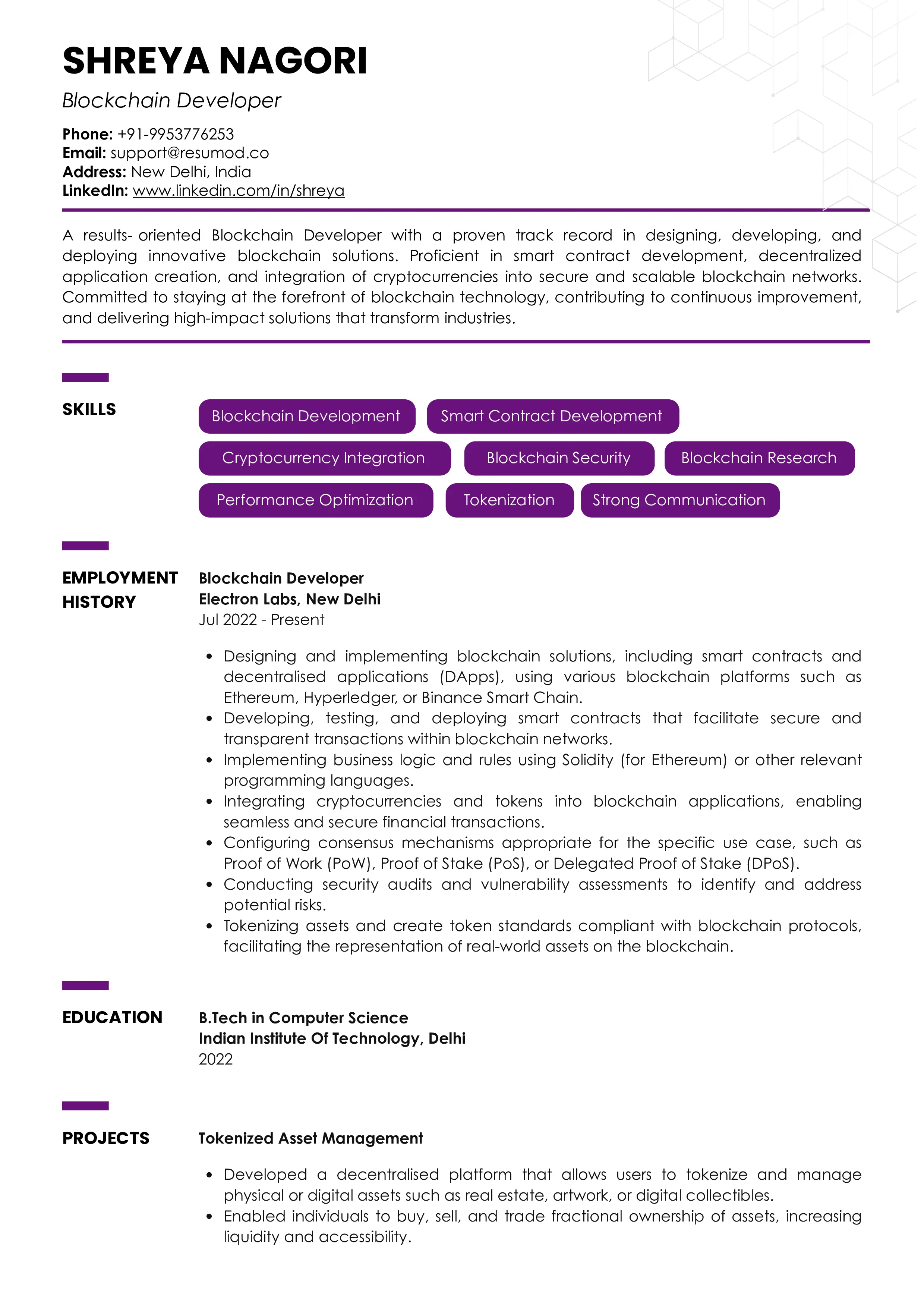 Sample Resume of Blockchain Developer | Free Resume Templates & Samples on Resumod.co