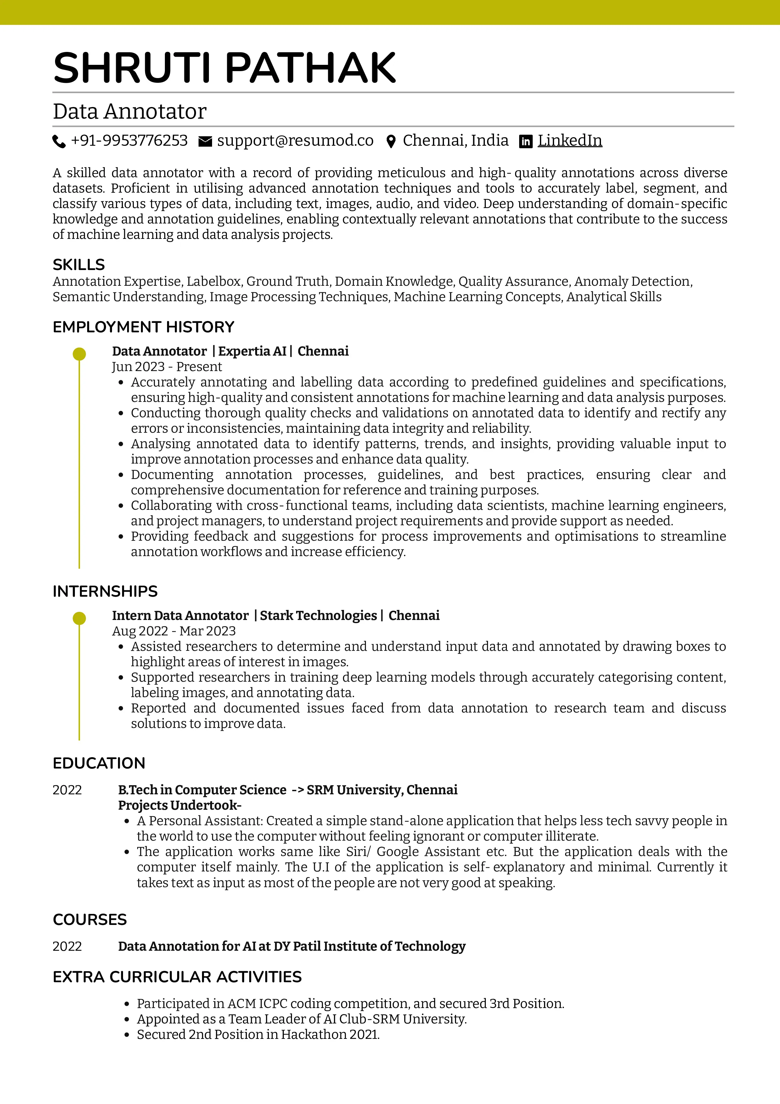 Sample Resume of Data Annotator | Free Resume Templates & Samples on Resumod.co