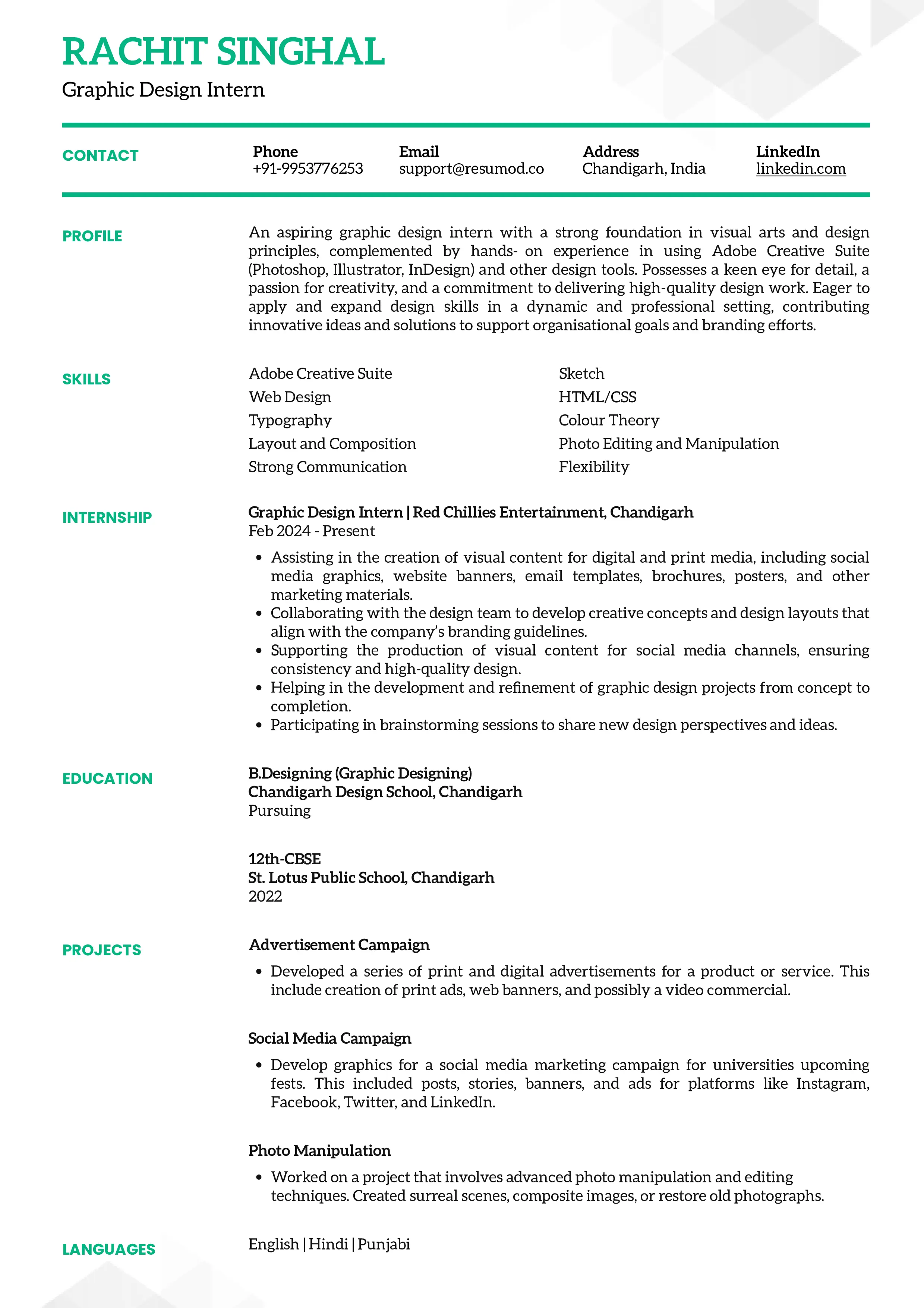 Sample Resume of Graphic Design Intern | Free Resume Templates & Samples on Resumod.co