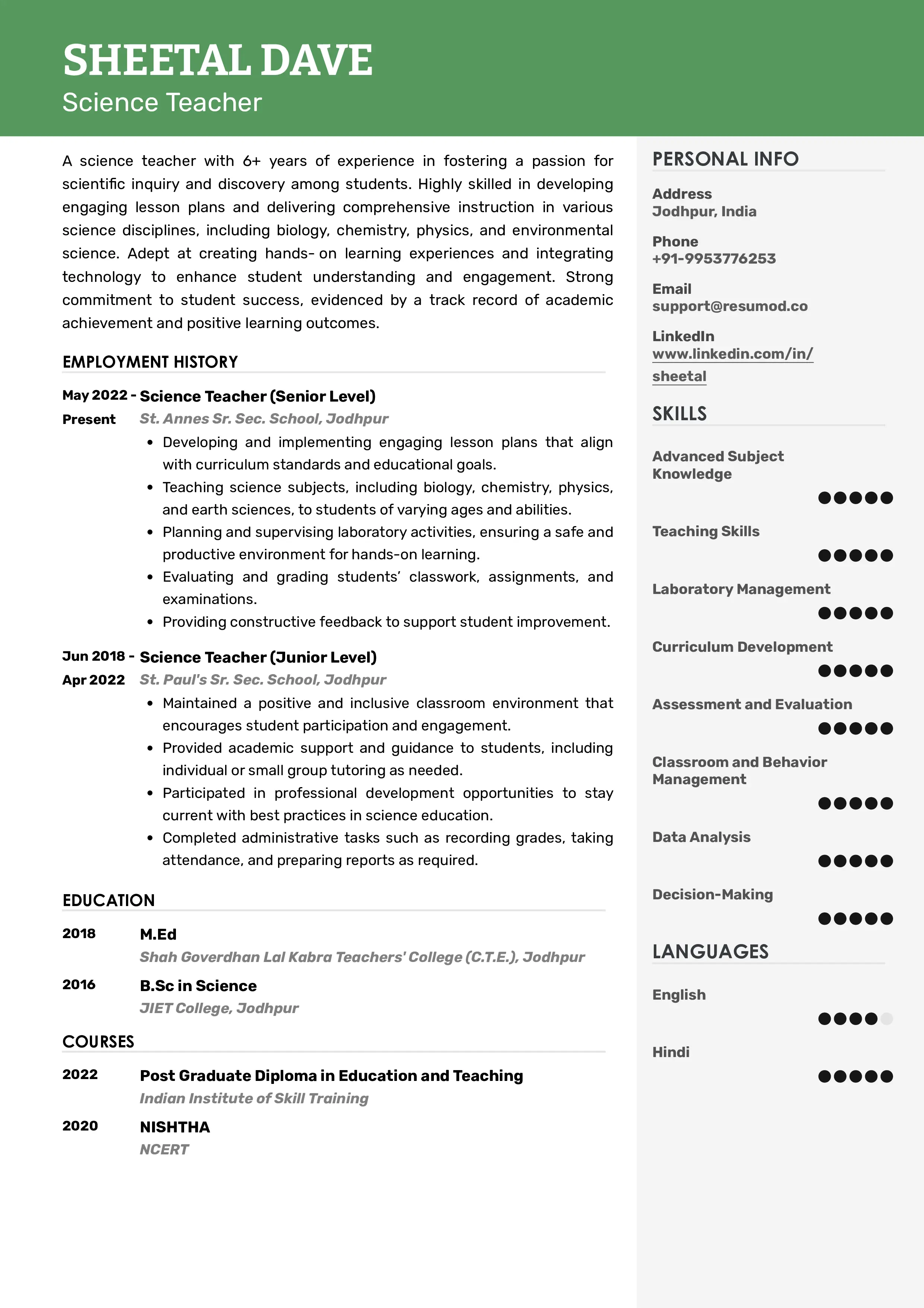 Sample Resume of Science Teacher | Free Resume Templates & Samples on Resumod.co