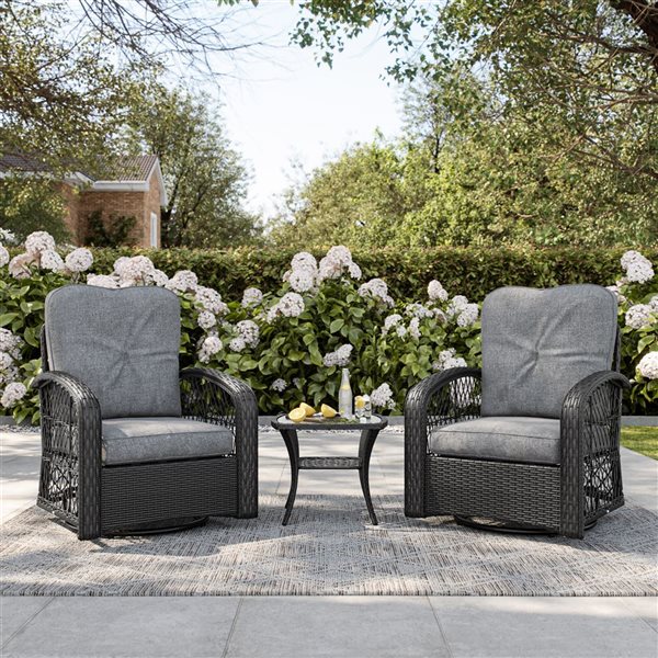 CorLiving Maybelle 3-Piece Swivel Patio Chairs Set with Grey Cushions ...