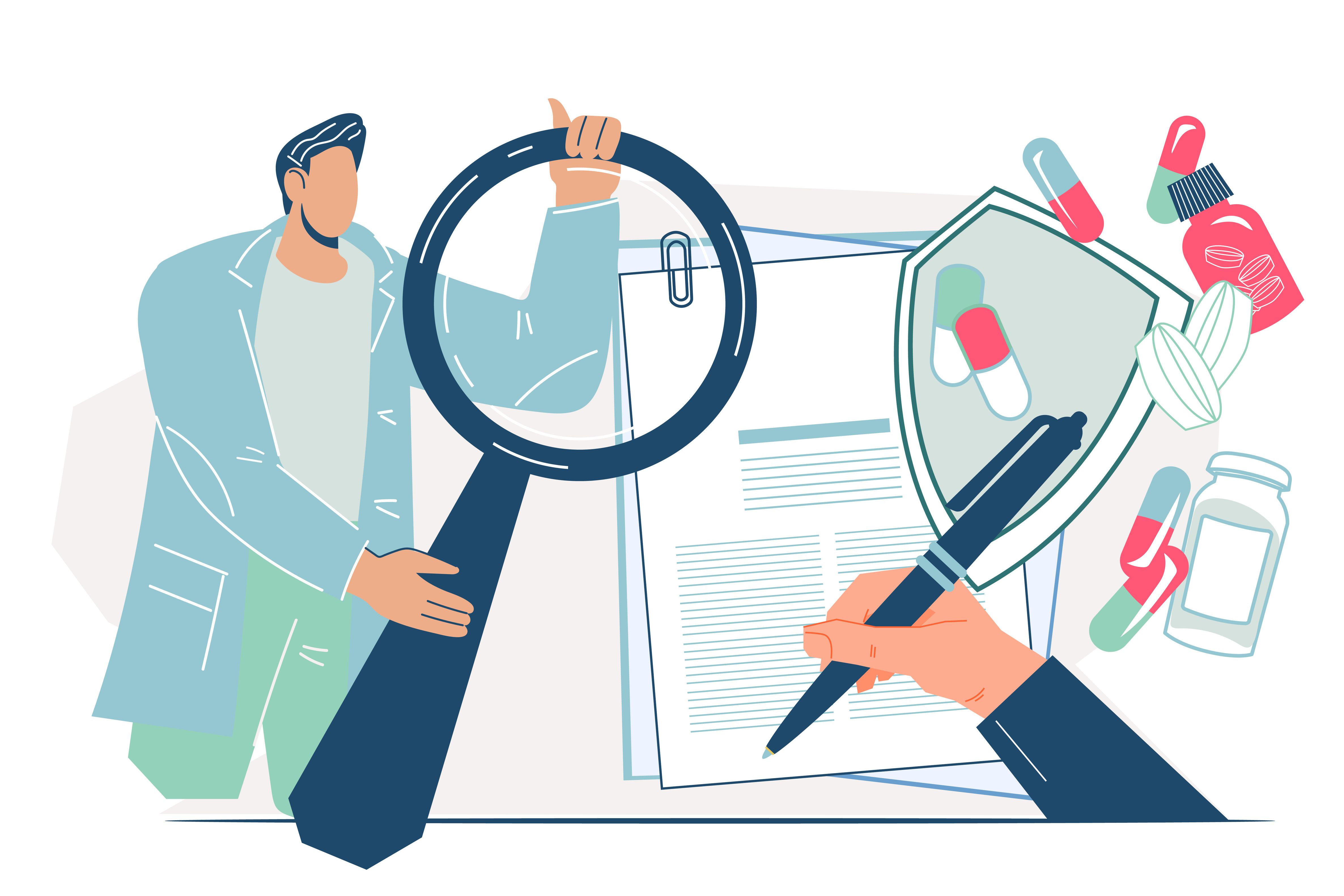 Illustration of a person holding a magnifying glass next to paperwork and pills.