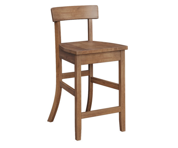 A wooden bar stool featuring a simple design with a comfortable seat and a supportive back