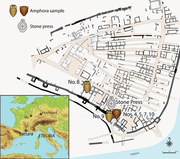 Map of the ancient settlement of Lattara, showing the locations of the analyzed amphora samples (Benjamin P. Luley)