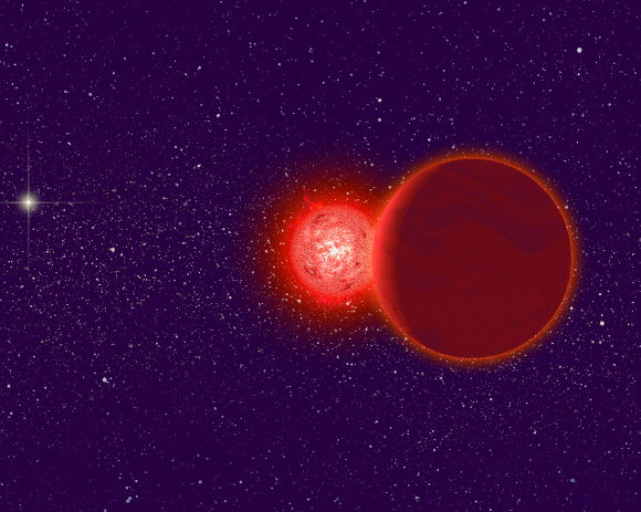 Artist’s conception of Scholz’s binary star during its flyby of the Solar System 70,000 years ago; the Sun (left, background) would have appeared as a brilliant star. Image credit: Michael Osadciw / University of Rochester.