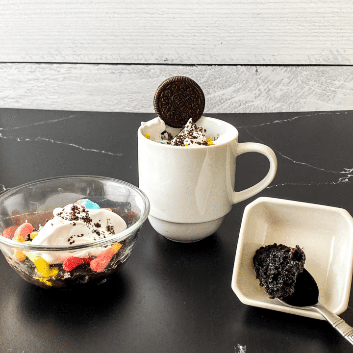 OREO cookie mug cake in white mug