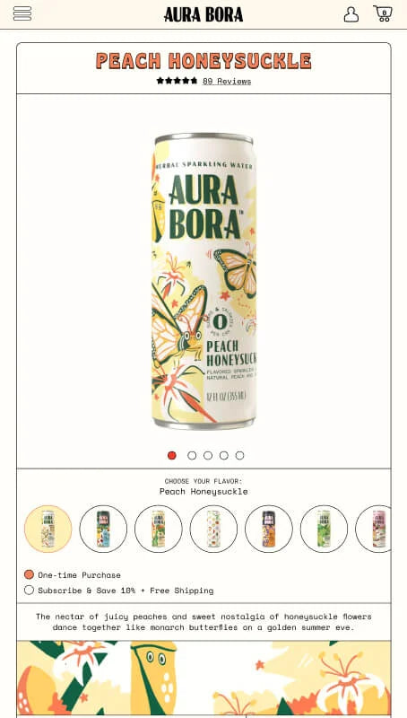 Imagem do site para dispositivos móveis da Aura Bora, que vende bebidas em lata