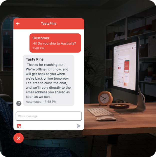 An image of the business owner's back office in the evening. There's a chat window open with an away message telling the customer that live chat isn't available. Shopify Inbox captures email and phone numbers so the business owner can contact customers in the future.