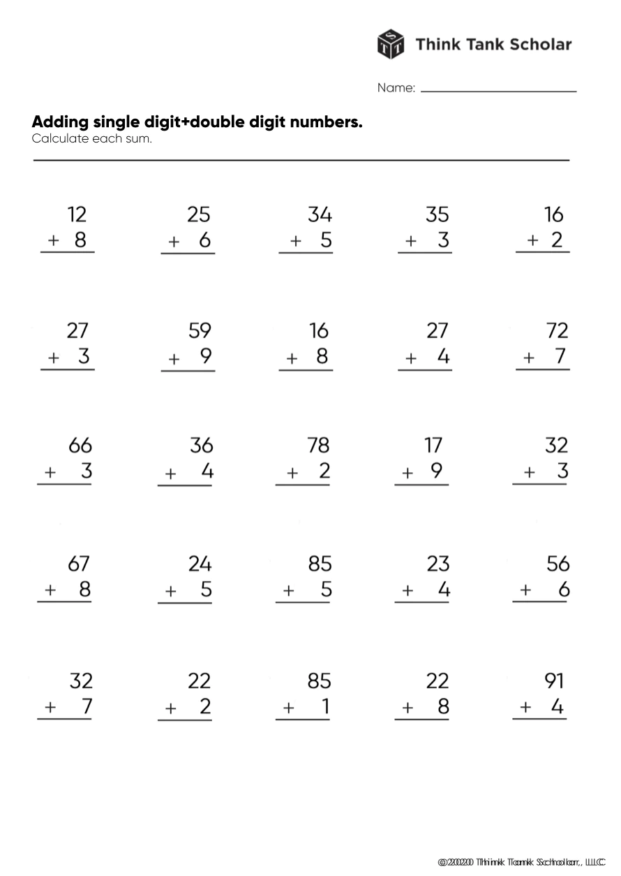 Addition Worksheets Exercises Printable PDF (FREE) - Think Tank Scholar