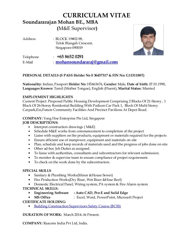 MOHAN M&E SUPERVISOR CV