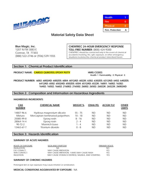 QuikSteel Putty MSDS