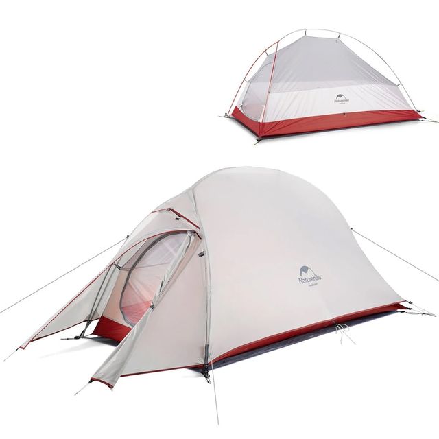 Naturehike Cloud Up 1 Person Lightweight Backpacking Tent  &minus; Light Grey/Red + Mat &minus; Constructed from durable 20D nylon with a waterproof silicone coating