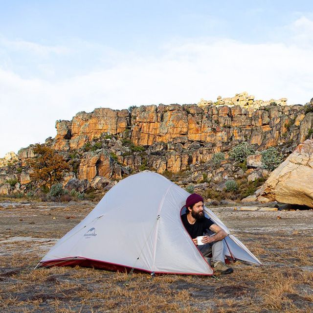 Naturehike Cloud Up 1 Person Lightweight Backpacking Tent  &minus; Light Grey/Red + Mat &minus; Front entry design with a dry entrance vestibule