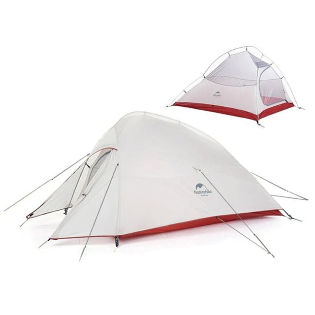 Naturehike Cloud Up 2 Person Lightweight Backpacking Tent  &minus; Light Grey/Red + Mat &minus; Constructed from durable 20D nylon with a waterproof silicone coating